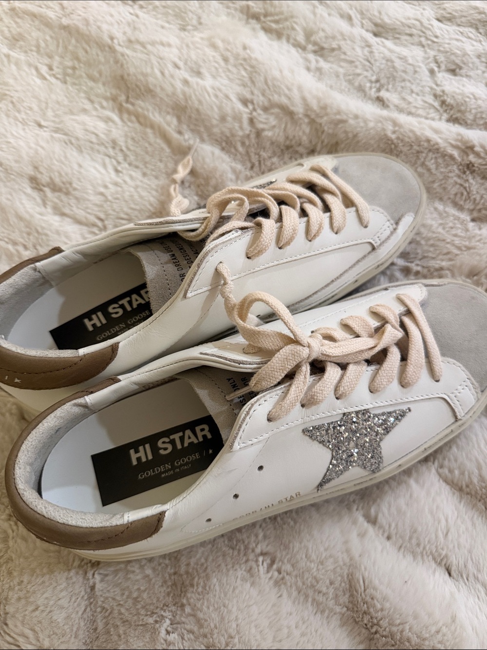 Golden Goose Hi Star White Leather Sneakers with Silver Glitter Star